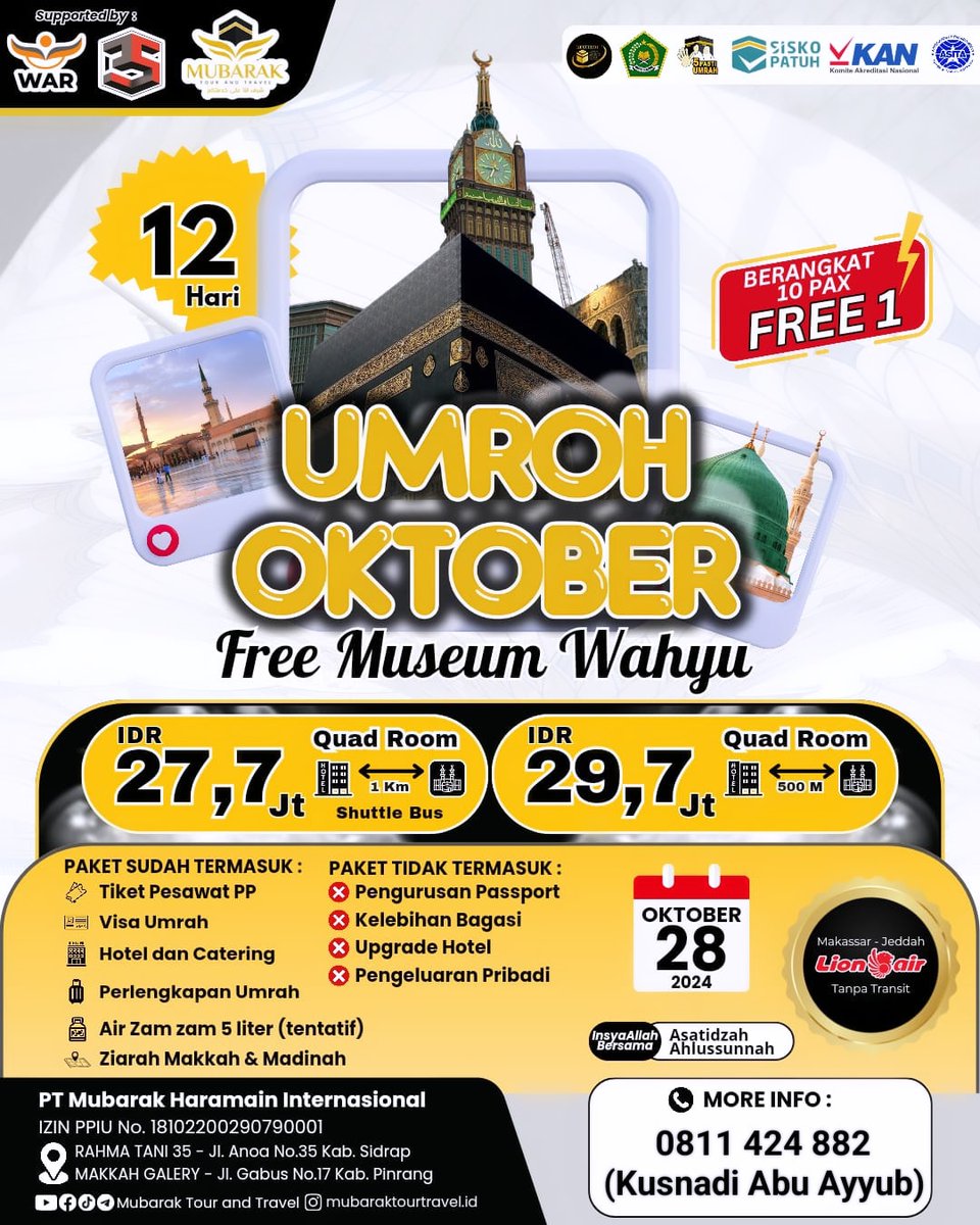 Paket Umroh Oktober Start Makassar, Harga mulai 27,7 JT !! All in

Informasi:
wa.me/+62811424882 (Kusnadi Abu Ayyub)

#Umrohpromo
#Mubaraktour