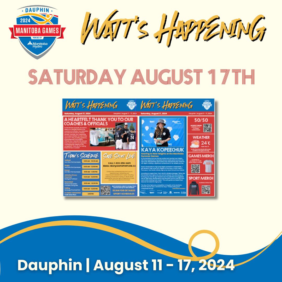 Good morning! Here is your WATT'S HAPPENING for Saturday August 17th, the last day of competition and the Closing Ceremonies! We hope to see you all Credit Union Place at 2PM! Click the link to read the newsletter. 

buff.ly/3ApZ1E5