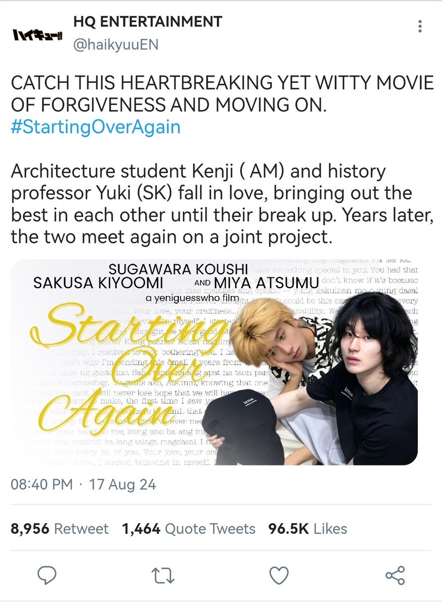 shobiyours's tweet photo. starting over again? 

— a #sakuatsu au wherein actor Atsumu Miya and model Sakusa Kiyoomi pairs up in a new movie. https://t.co/xCpR28gaVv