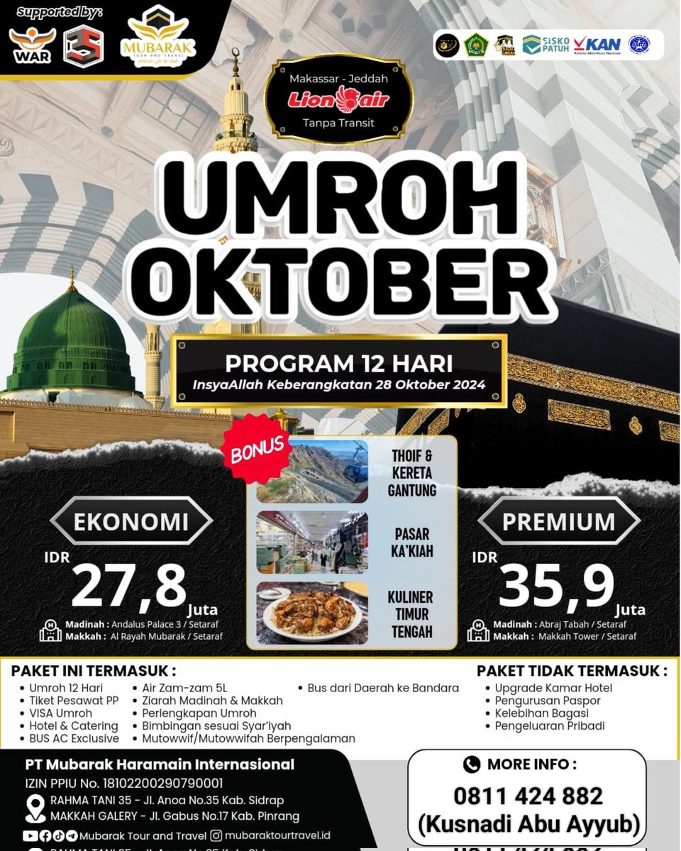 Paket Umroh Oktober Start Makassar, Harga mulai 27,7 JT !! All in

Informasi:
wa.me/+62811424882 (Kusnadi Abu Ayyub)

#Umrohpromo
#Mubaraktour