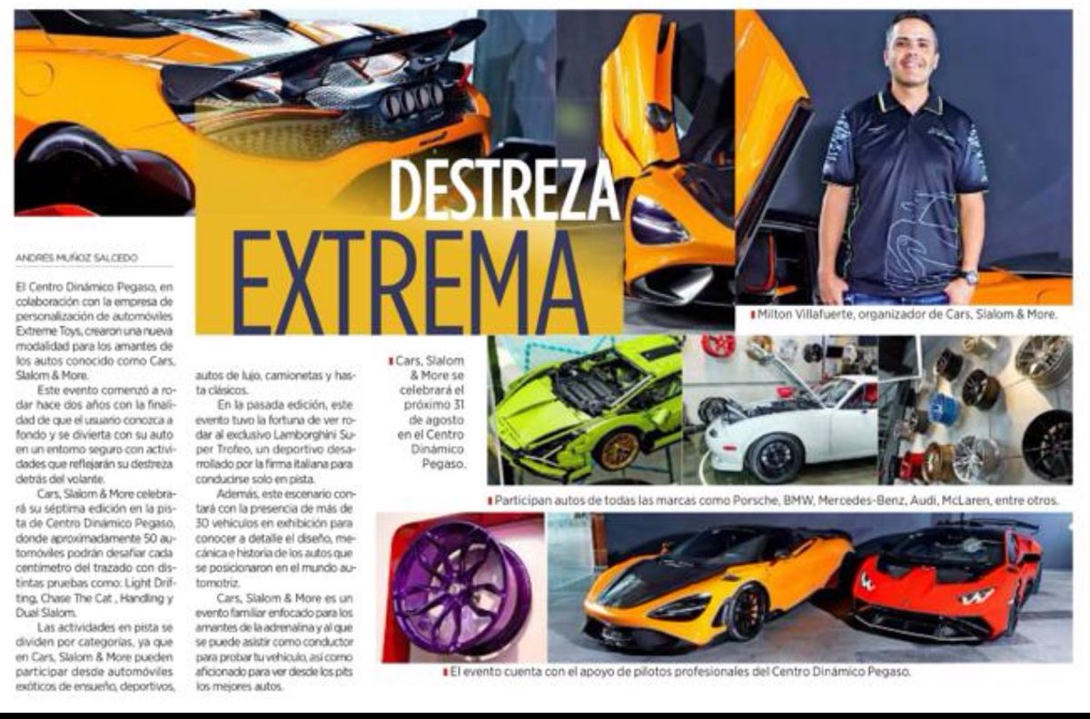 Gracias Extreme Toys !
Patrocinador Oficial del Cars, Slalom &amp; More.
Fuente: Periódico Reforma, Sección Automotriz, Agosto 17, 2024.
Nos vemos el Sábado 31 de Agosto ! Más info en:
pegaso.com/CS&M/