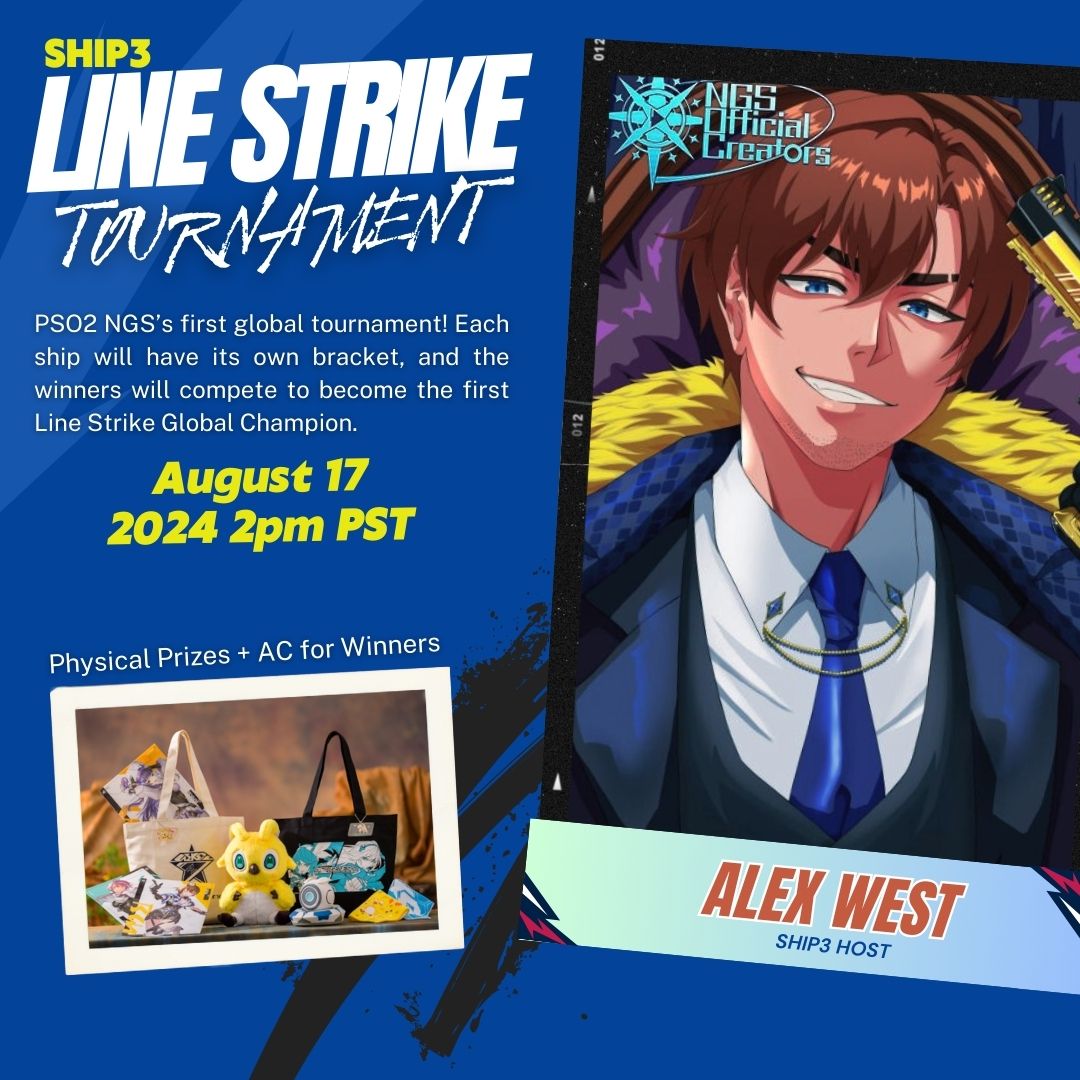 Alx_West7's tweet photo. Attention Arks!
The PSO2 NGS Line Strike Tournament on Ship 3 is happening later today, August 17, 2024, at 2 PM PST!
I'll be streaming all the action live on Twitch! Don't miss it!
Tune in and cheer on your favorite contenders!
https://t.co/vi9BeYIzVB
#PSO2NGS #LineStrike https://t.co/9Wibxc0F2U