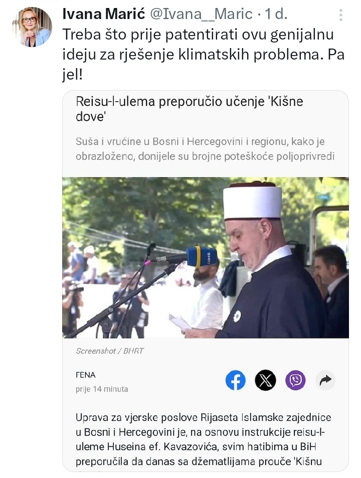 DzAhbabovic's tweet photo. Ovo nije sloboda govora, ovo je govor mržnje. Niko od Bošnjaka muslimana nije nikad vrijeđao obrede niti jedne religije, ali zato imamo dežurne plaćenike koji idu do te mjere da vrijeđaju sve muslimansko.
Nek joj neko javi da je kiša danas hairli pala, pošto je mene blokirala. https://t.co/w4V3yvpa3e