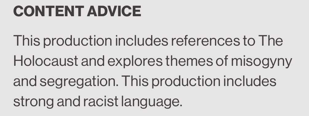 Just seen the content warnings which make it pretty evident that antisemitism, Judaism and the holocaust are a part of this play. Who needs Jewish creatives though?