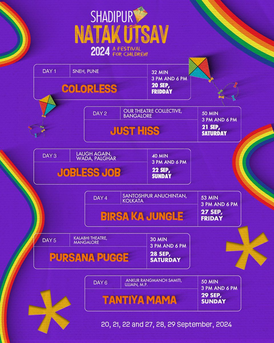 Mark your calendar!

Here’s the schedule of Shadipur Natak Utsav 2024 — watch, enjoy, share, spread the word! 

Tickets
General public: Rs 200
Student: Rs 100 
Shadipur residents: Rs 20
Children below 13: pay as you like
Ricksha wallahs and other daily wage earners: Free