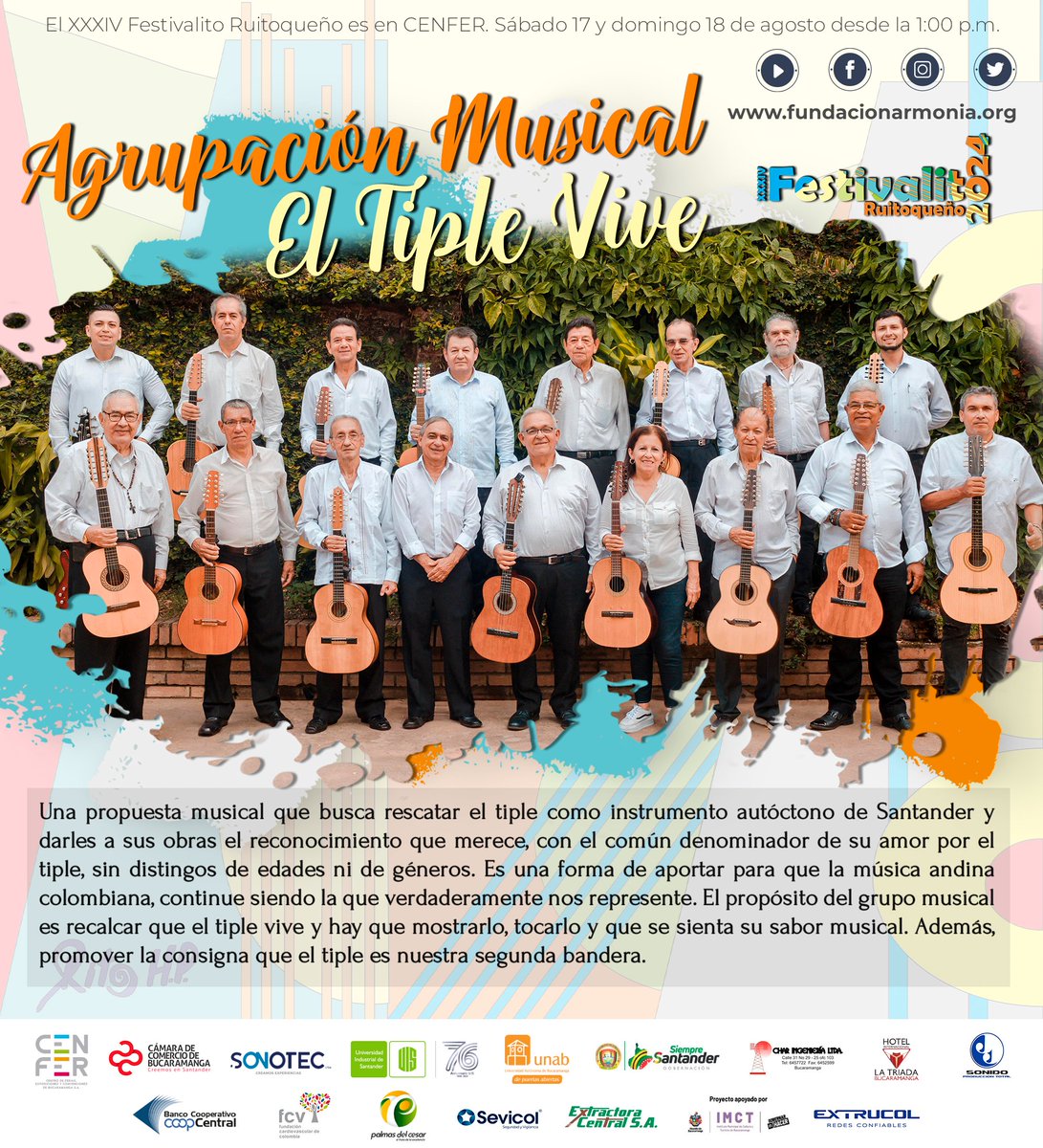 Elfestivalitoo's tweet photo. #Festivalito2024
La magia del tiple hoy con la agrupación El Tiple Vive en la edición XXXIV del Festivalito Ruitoqueño de Música Colombiana. 

¡Los esperamos!
Hoy desde la 1:00 p. m. mañana domingo desde las 2:00 p. m. 
Boletas en la taquilla de #CENFER https://t.co/oQnklO8WNa