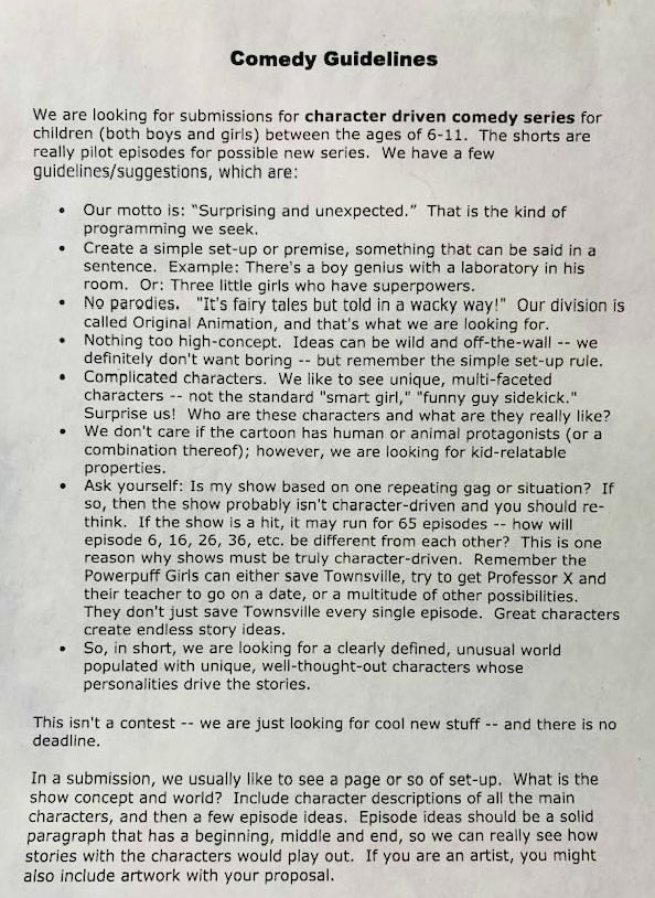 bfredmuggs's tweet photo. Here were the Studio’s Comedy Development Group’s guidelines for new show pitches (circa 2005) “…just looking for cool new stuff.” https://t.co/QND9E3hlbw