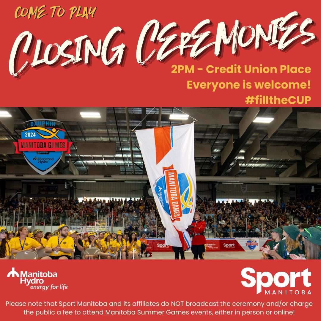 Join us today at 2PM for the 2024 Manitoba Summer Games powered by Manitoba Hydro Closing Ceremonies! Let's celebrate all the successes and send off the athletes with a big Dauphin wave! 

#mbgames2024 #cometoplay #dauphinmb