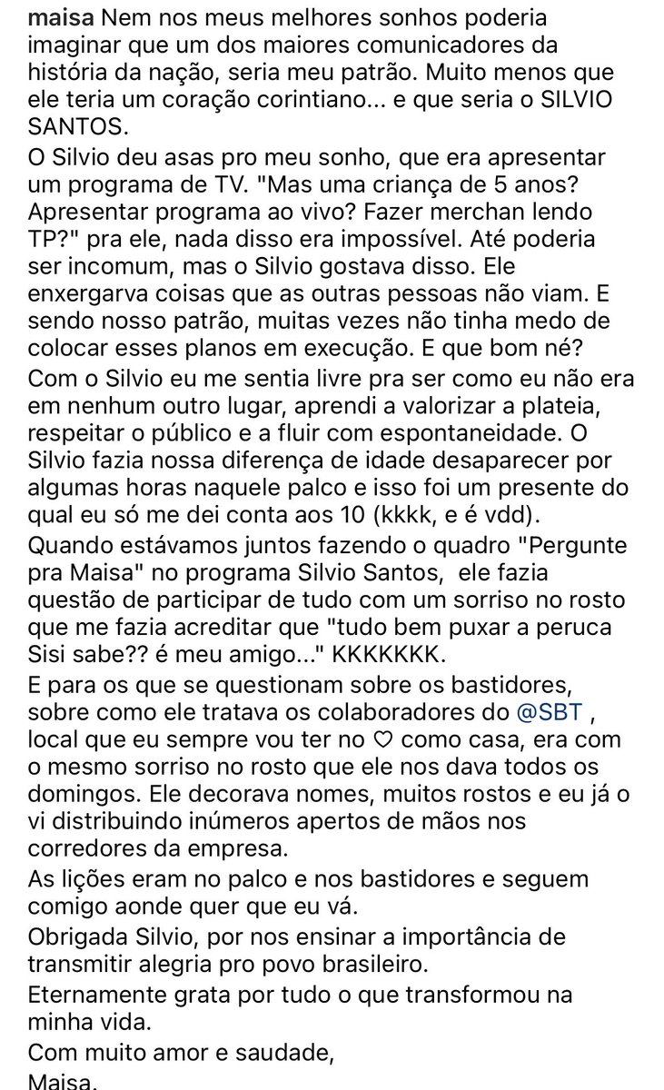 vaidesmaiar's tweet photo. Maisa faz homenagem para Silvio Santos em suas redes sociais https://t.co/ZHwUASbaaZ