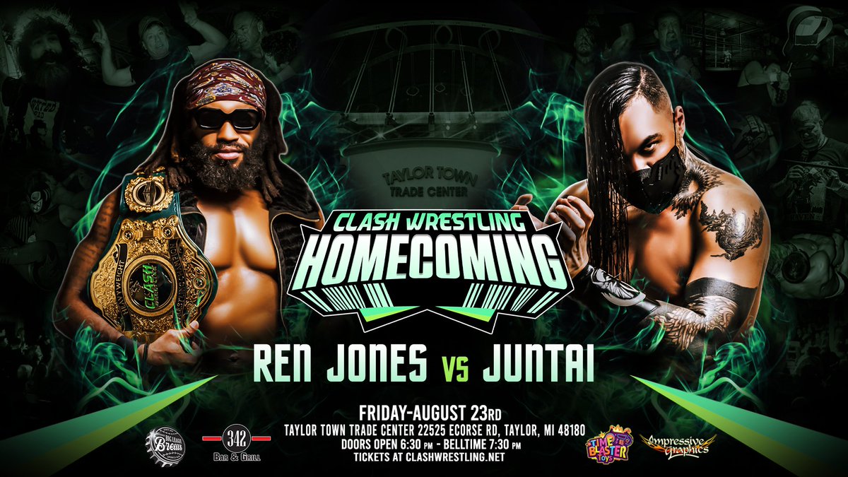 clashwrestling's tweet photo. 🔥 MATCH ANNOUNCEMENT! 🔥

Next Friday, the battle for the CLASH Wrestling  Championship is on! 🏆 Juntai vs. Ren Jones at the Taylor Town Trade Center for #HOMECOMING! 💥

🎟 available: https://t.co/7yCrwXF2RG 

#ProWrestling 
#WrestlingCommunity 
#WrestlingTwitter
#Wrestling https://t.co/Bkoxgs11nb