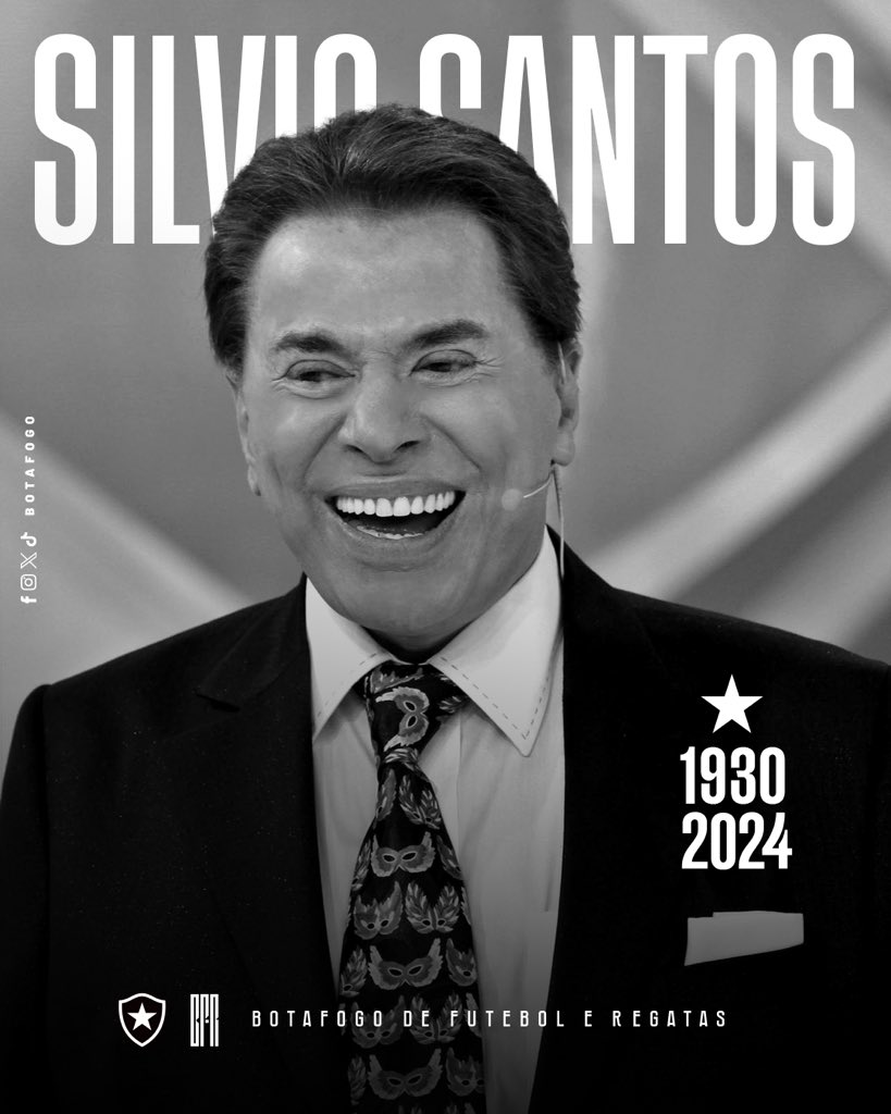 Botafogo's tweet photo. Hoje nos despedimos de Silvio Santos, um ícone da comunicação e televisão brasileira. Com uma grande história de vida, Senor Abravanel marcou gerações e fez parte da família brasileira por décadas. O Botafogo e todo o país agradecem pelos momentos de alegria proporcionados através de seus programas e inesquecíveis bordões. Obrigado, Silvio! 🖤🤍