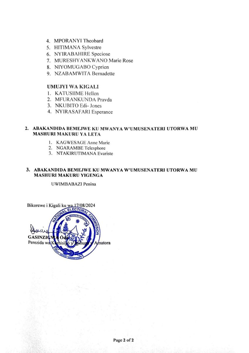 RwandaElections's tweet photo. Urutonde rw'abakandida senateri bemejwe mu matora ya 2024. https://t.co/CknjItMnrY