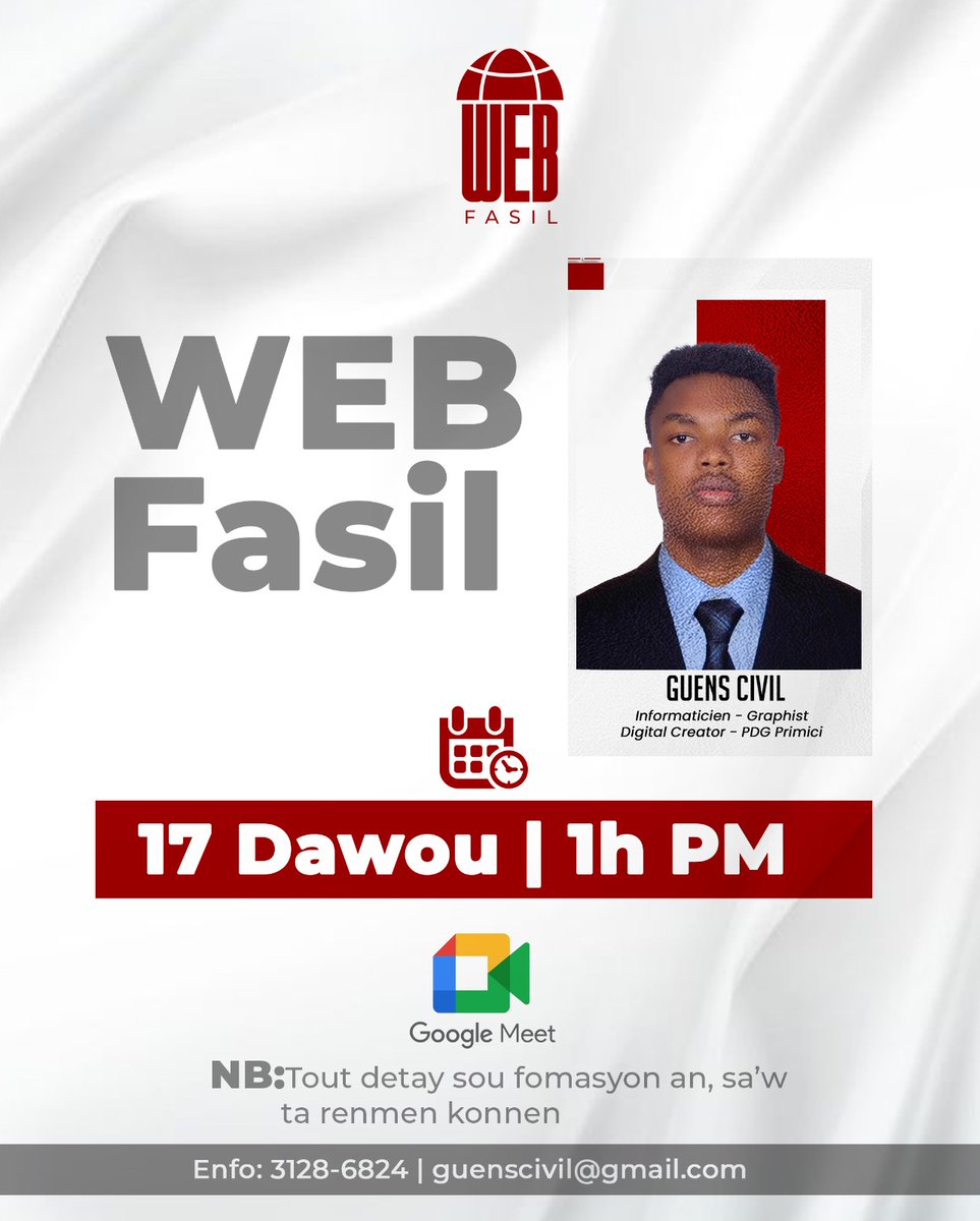 guensgraphics's tweet image. Nap live sou googlemeet
Nou pwal pale sou Fòmasyon an, saw ta renmen konnen.
Kontakte nou sou 
E-mail ou byen sou WhatsApp 
#Webfasil 
#Repost