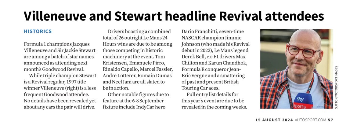 VilleneuveNews's tweet photo. NEWS: Jacques Villeneuve will make his @GoodwoodRevival debut in September!

Details of what Villeneuve will be driving should be revealed in the next few weeks. Whatever it is, it’s great to see JV trying out historic racing!

#GoodwoodRevival #F1 https://t.co/jROnBsnqVX