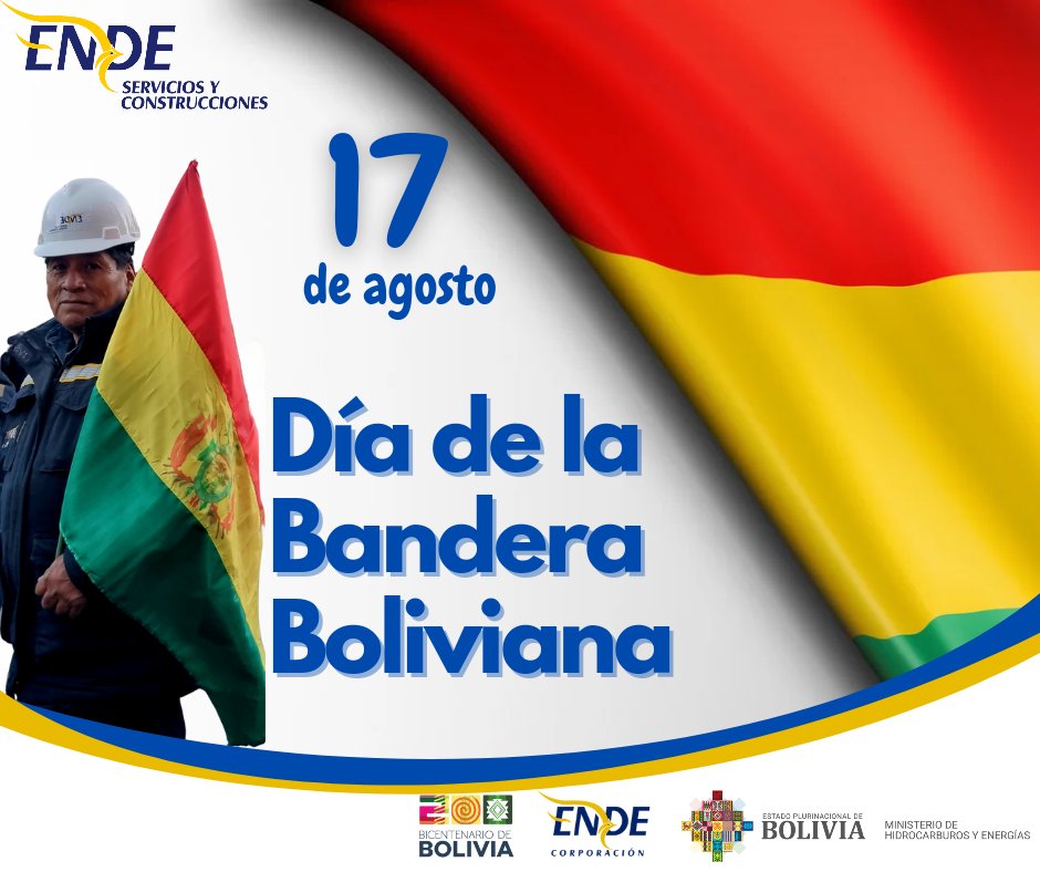 #17DeAgosto| ENDE Servicios y Construcciones honra con profunda emoción la bandera tricolor, que ondea con la fuerza y el orgullo de un pueblo que nunca se rinde. Sus colores llenos de historia nos invitan a seguir avanzando juntos, construyendo un futuro brillante para Bolivia.