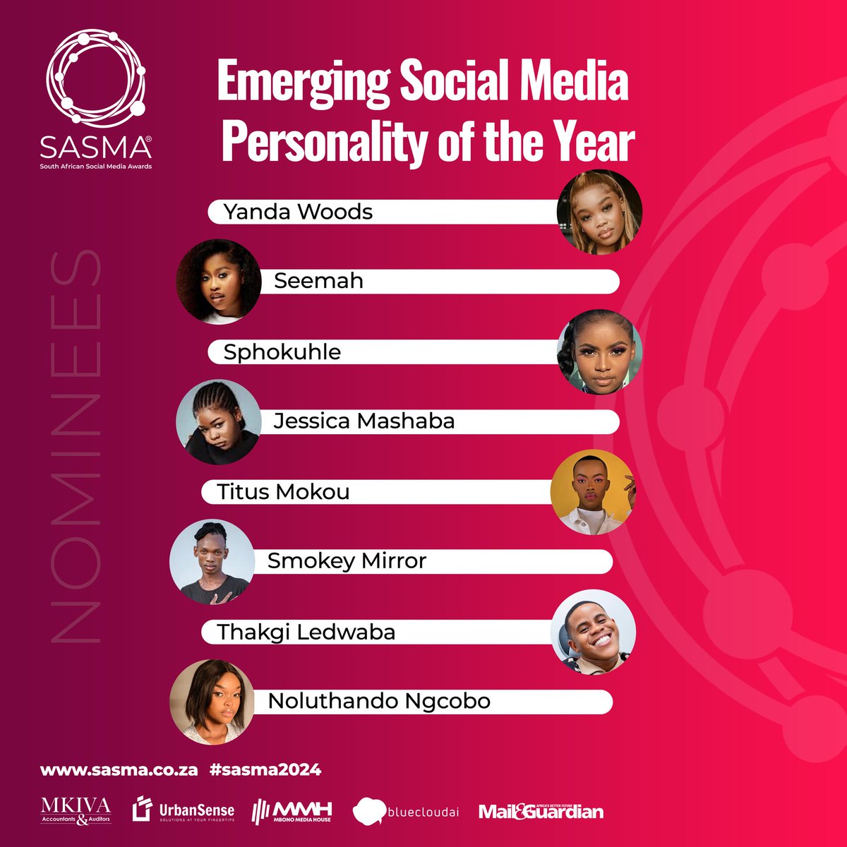 SMAWARDS_ZA's tweet photo. Here are the nominees for Emerging Social Media Personality of the Year! 🚀 Who's your pick for the next big thing? #EmergingStars #SASMA2024 https://t.co/e3PvwVUPOQ