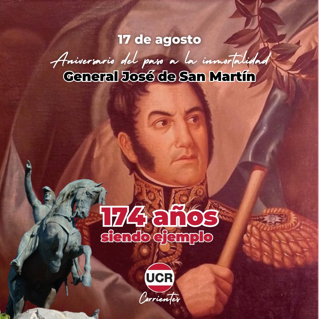 Recordamos hoy la obra y el legado del prócer más importante de Argentina: el General José de San Martín, Libertador de América y Padre de la Patria 🇦🇷

Que su ejemplo de rectitud, compromiso, trabajo y amor a  su nación nos guíe siempre.