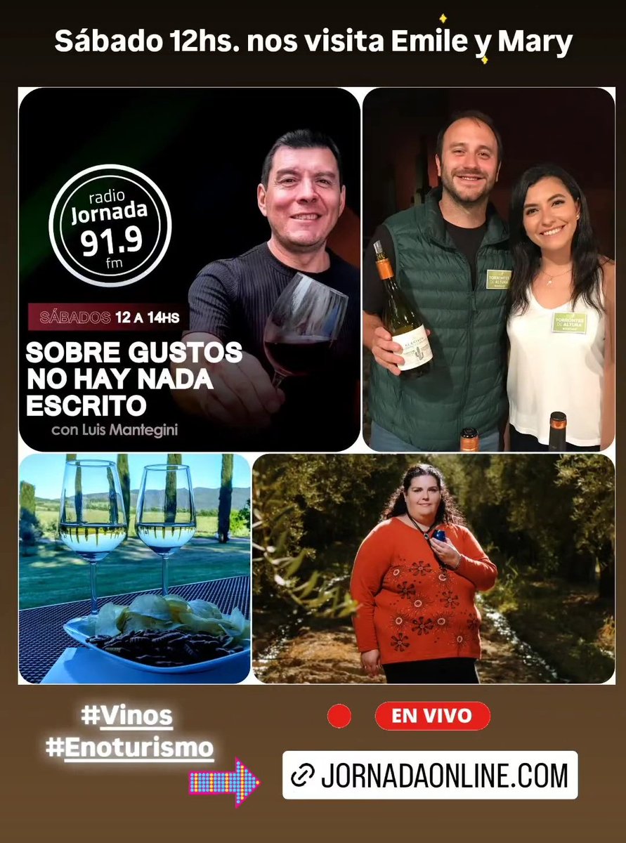 #LaRadioescucha 📻
A partir de las #12hs por <a href="/RadioJornada/">Radio Jornada</a> todo sobre #vino #enoturismo #AOVE con <a href="/maelenapuerta/">María Elena Puerta</a> y <a href="/SommelierMza/">Luis Mantegini🎙️🍷</a> en #SobreGustosNoHayNadaEscrito
