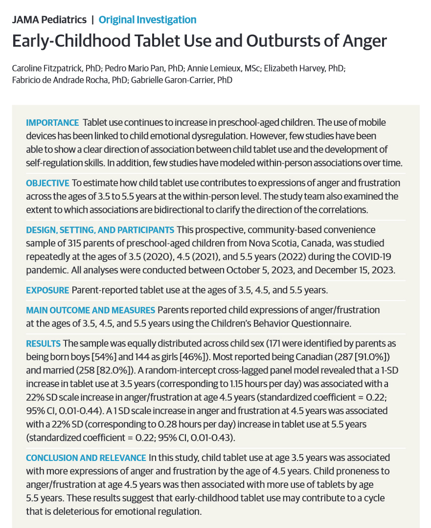 Heavy screen use might create a vicious cycle for young kids.

New data: the more time 3.5-year-olds spent on tablets, the more angry outbursts they had at age 4.5... and the more they used tablets at 5.5.

Digital soothing is not a substitute for teaching emotion regulation.