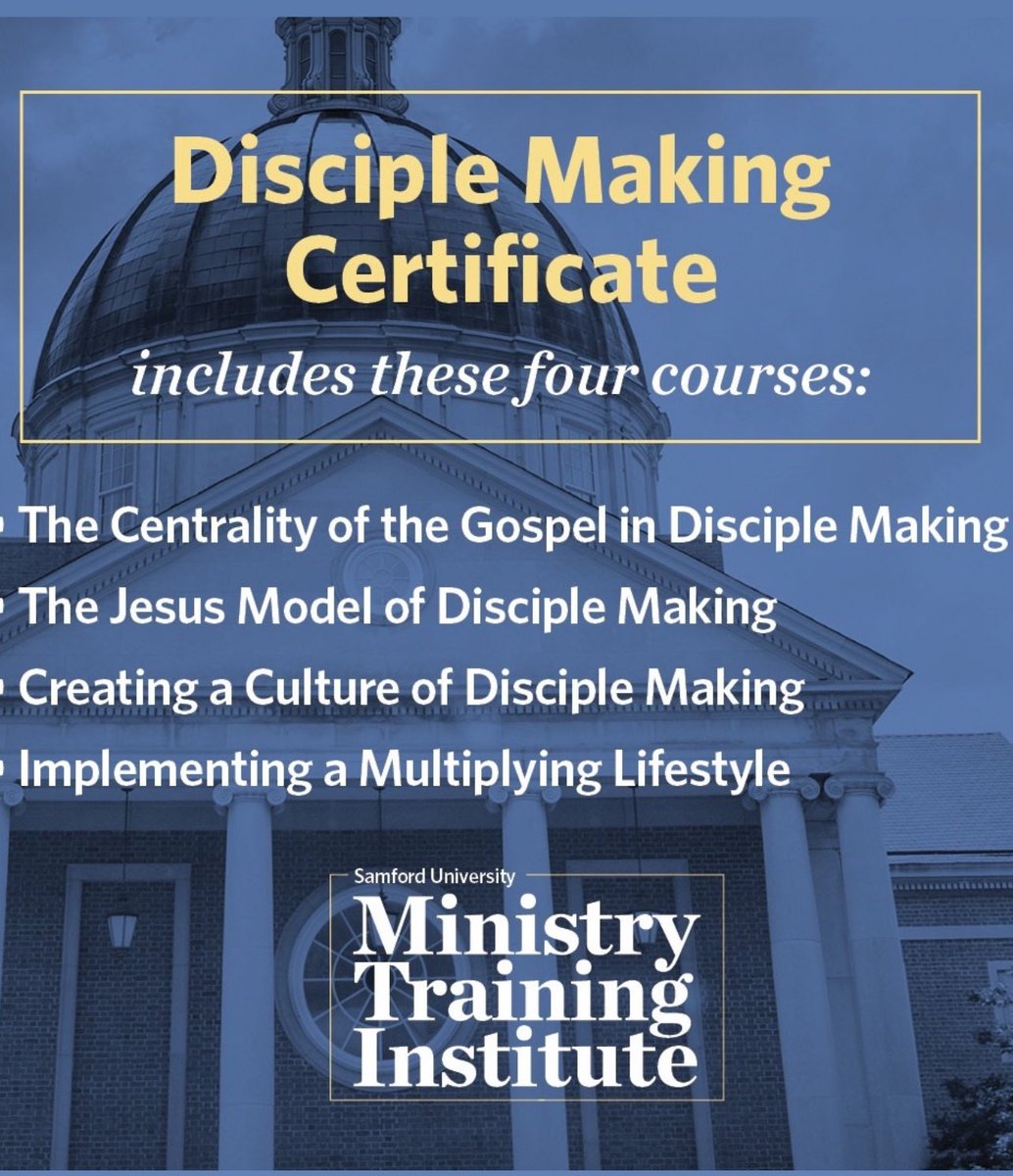 Our Disciple Making Certificate program equips participants in the essentials of being a disciple maker and implementing a disciple making culture in a church context. Classes start 8/20! Samford.edu/go/mti