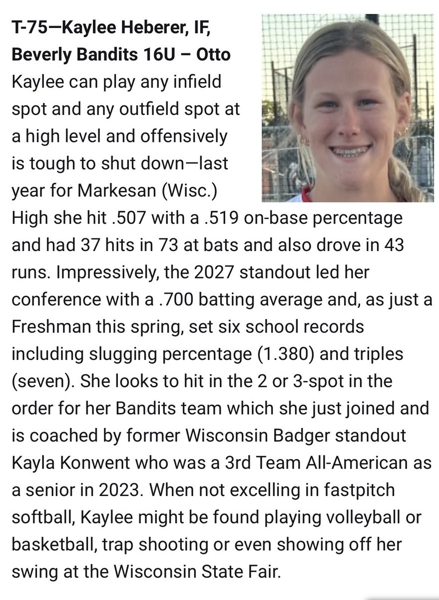 Beverly Bandits Premier 16u Otto/Moran (@16uotto) on Twitter photo Congrats <a href="/breanna_meracle/">Bre Meracle 2027 (‘08)</a>, <a href="/KayleeHeberer/">Kaylee Heberer</a>, and <a href="/NTylke/">Nola Tylke 2027 (‘09)</a> representing our team on Top 100 players in the 2027 Class list. Thanks to <a href="/LineDsoftball/">Line Drive Media</a> for the time and effort that goes into going through thousands of players. Can't wait to see how many we have in the 2026 class with a Congrats <a href="/breanna_meracle/">Bre Meracle 2027 (‘08)</a>, <a href="/KayleeHeberer/">Kaylee Heberer</a>, and <a href="/NTylke/">Nola Tylke 2027 (‘09)</a> representing our team on Top 100 players in the 2027 Class list. Thanks to <a href="/LineDsoftball/">Line Drive Media</a> for the time and effort that goes into going through thousands of players. Can't wait to see how many we have in the 2026 class with a