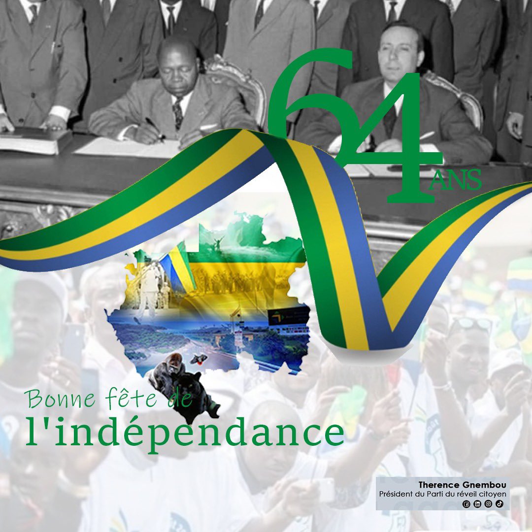 [Célébration] Indépendance : An 64 🇬🇦

Le 17 août marque un moment clé de l’histoire du Gabon, un rappel de la lutte pour l’indépendance et de l’aspiration à une nation libre et souveraine.

⏰
#𝐓𝐡𝐞𝐫𝐞𝐧𝐜𝐞𝐆𝐧𝐞𝐦𝐛𝐨𝐮 
#𝐆𝐚𝐛𝐨𝐧 🇬🇦