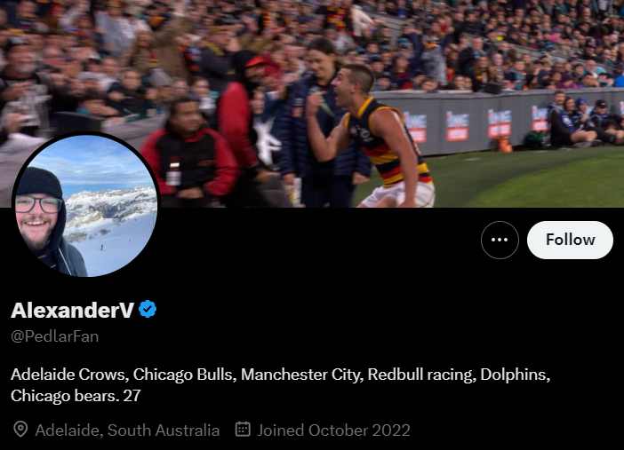When your personality is solely sports teams and not anything you make, create or produce yourself, you get lads like this 😉

Thank you for the support, fellow South Australian!
