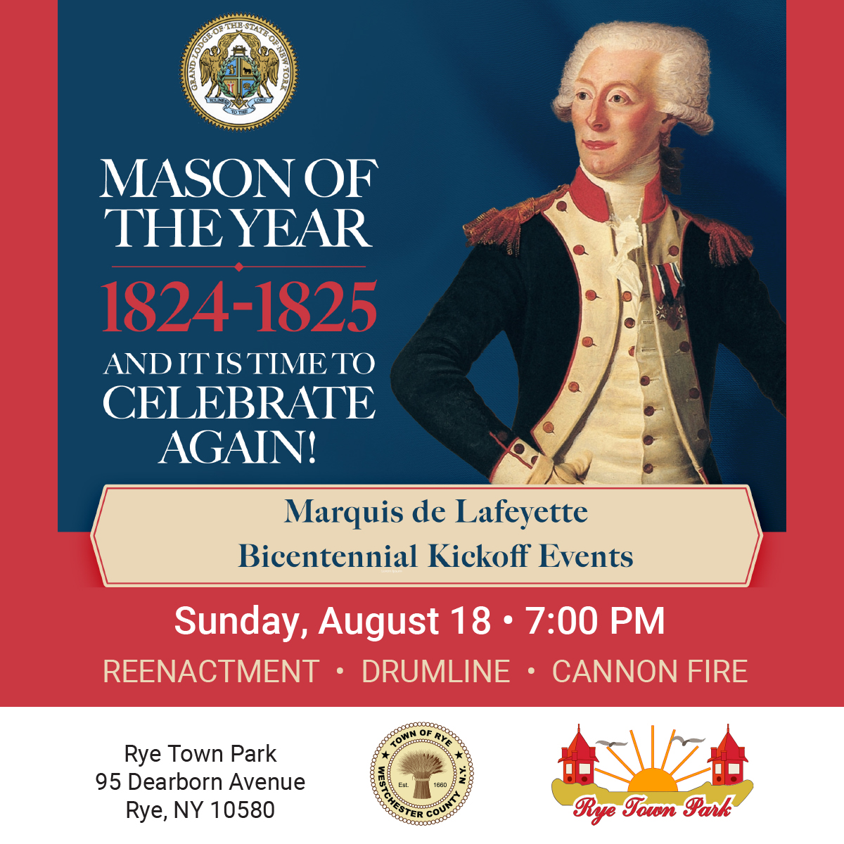 TownRye's tweet photo. Sunday, August 18th at 7:00 PM in Rye Town Park 
Town of Rye &amp; American Friends of Lafayette celebrate the Bicentennial of Lafayette's tour in Rye Town Park. This celebration begins at 7:00pm with re-enactments, drumline, &amp; live cannon fire. 
For info: https://t.co/SSmw9Acong https://t.co/23xXAKHu4O