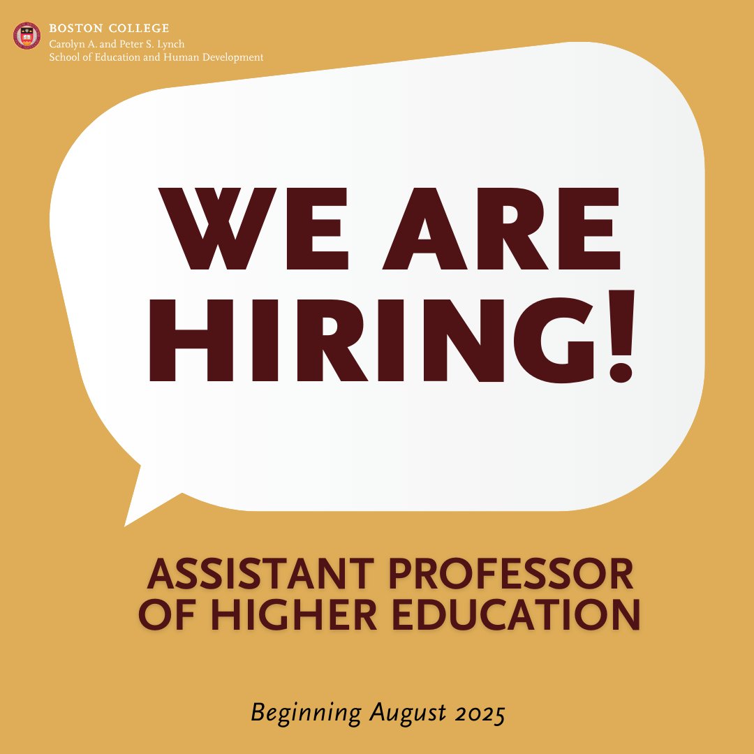 Become a part of the Boston College Lynch School faculty as an Assistant Professor of Higher Education. This full-time, tenure-track position focuses on advancing student development &amp; research on student affairs. Learn more about the position bit.ly/3SFc3Ut