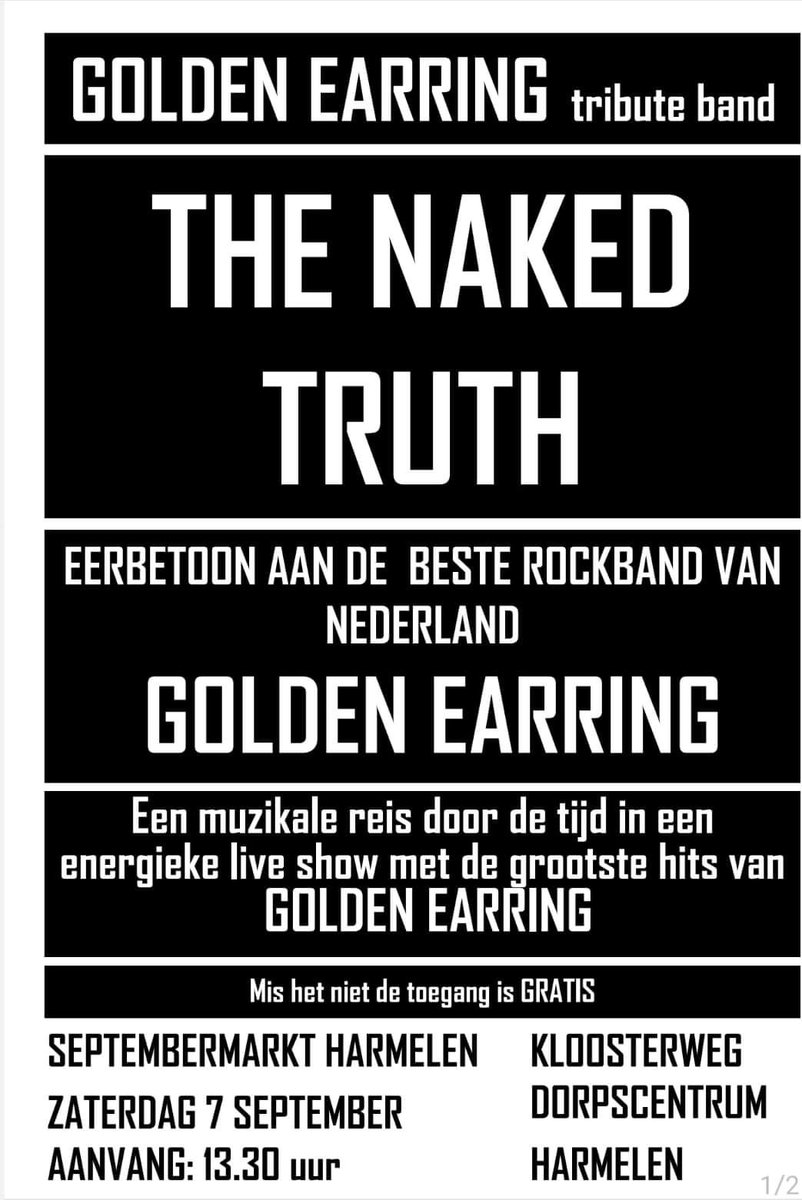 7 september Harmelen septembermarkt.nl/golden-earring…

#TheNakedTruth #GoldenEarring #tribute #Harmelen #Utrecht #Septembermarkt #centrum
