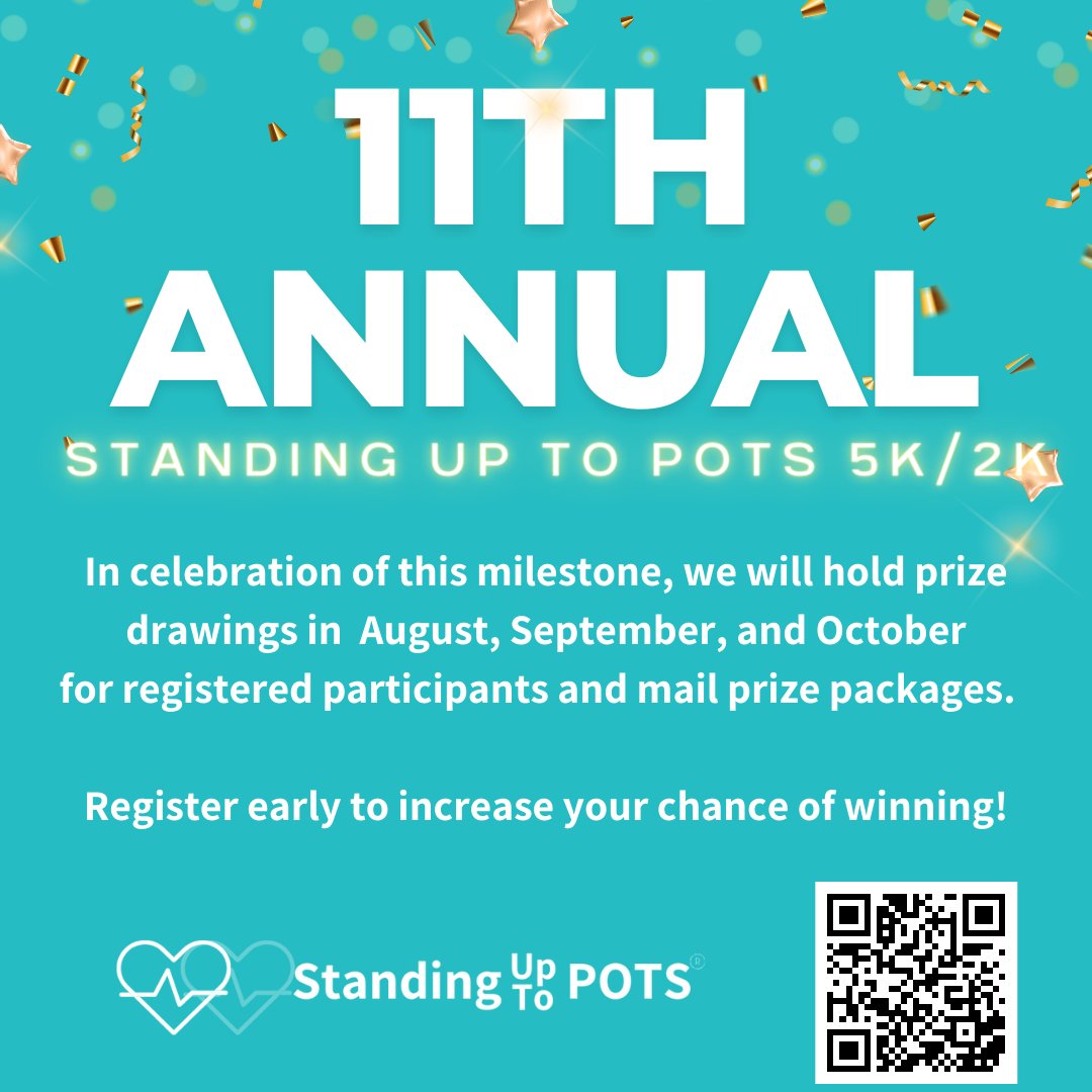 Register today for the 11th Annual #SUTP #5K/2K to support #POTS research and get entered in our prize drawing. We hope you will join us in person at #Wittenberg in Ohio on October 19, or virtually any time and any place.   standinguptopots.org/annual-5k #dysautonomia #potsie