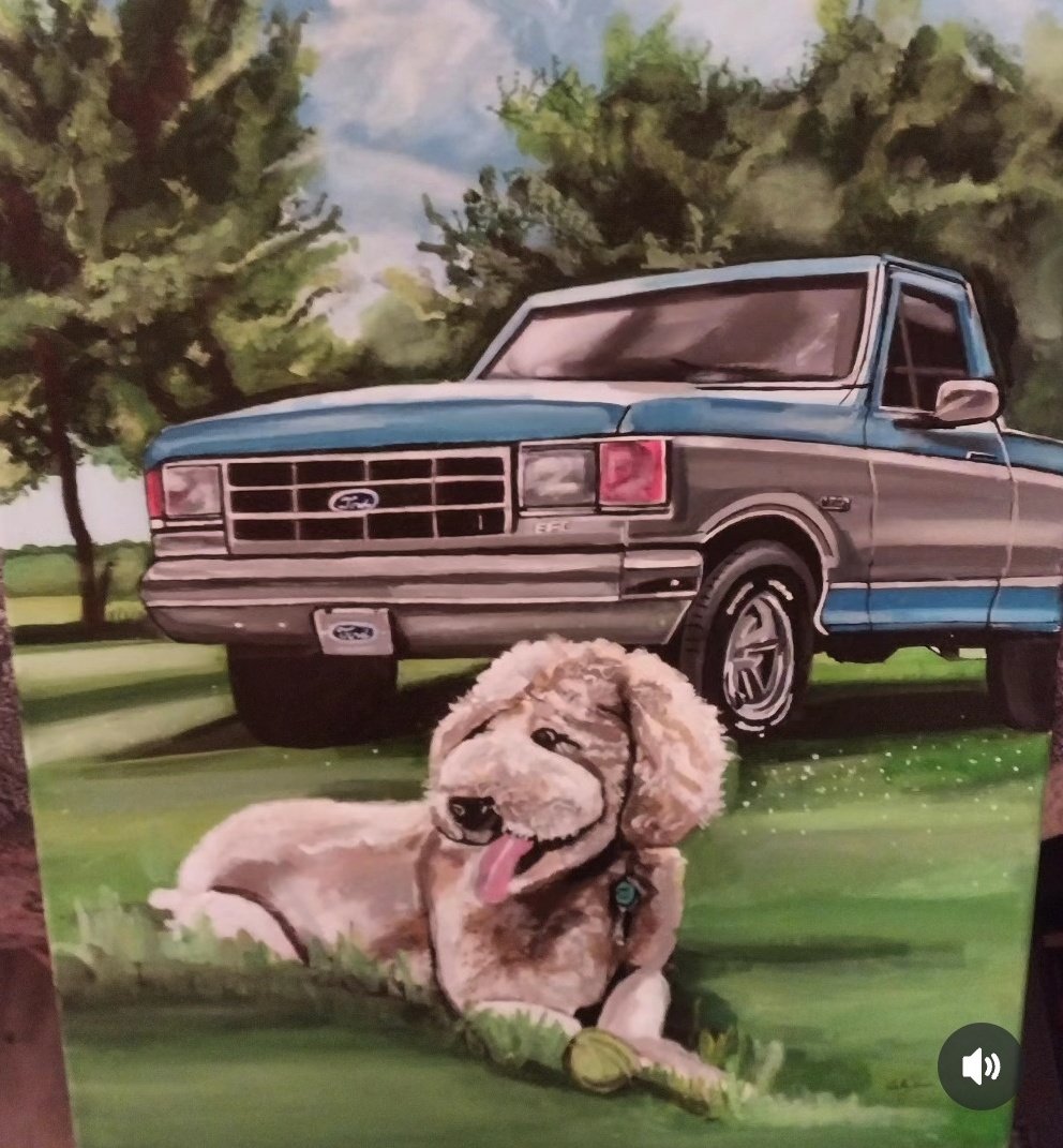 swishgirlart's tweet photo. Happy Saturday! Here is a painting I did for someone on Twitter of their awesome  Ford Truck and their adorable dog..I took this photo before I framed the painting.  It was 18x24 https://t.co/aL7j7ig3FL