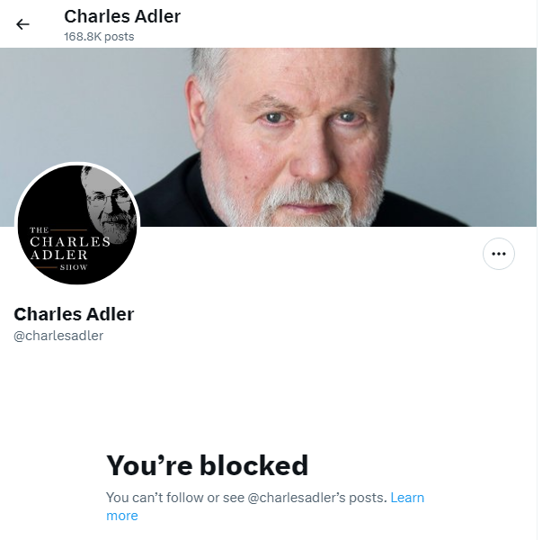 Martyupnorth's tweet photo. This is part of the ongoing destruction of Canada. 

Trudeau has appointed more than 50% of the Senator currently sitting in the Senate. and he'll continue to do so for another 430 days.

Charles Adler is the latest.  This is another parasite who though denying services to the unvaccinated was perfectly acceptable.  

Ironically I just posted a story about Manitoba this morning, saying nothing meaningful ever happens there.

Well.....Adler is a POS from Manitoba.

P.S.  I'm blocked, so feel free to share your best Adler screen shots.

P.P.S.  Adler often collaborates with Dean Blundell....enough said.