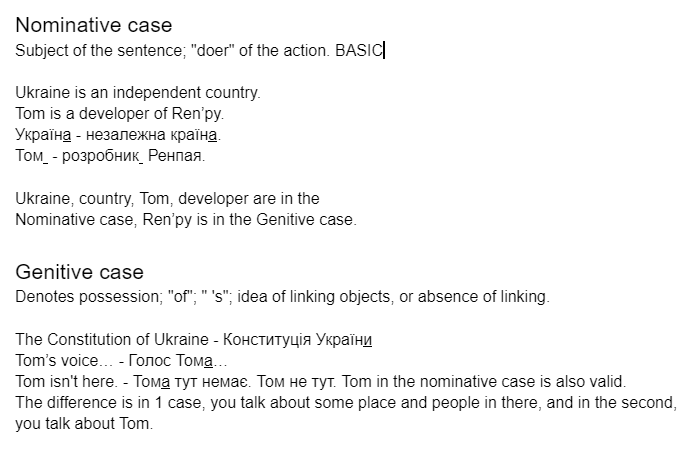 zalisgame's tweet photo. @renpytom I am sorry for the long answer) But I love my native language)
So, if the name in English would have 1 case and 1 variable, a name in Ukrainian would have 7 cases and 7 variables.

Thank you for a great engine) We love it in the ua vn indie devs community. https://t.co/cCxCjioY6x
