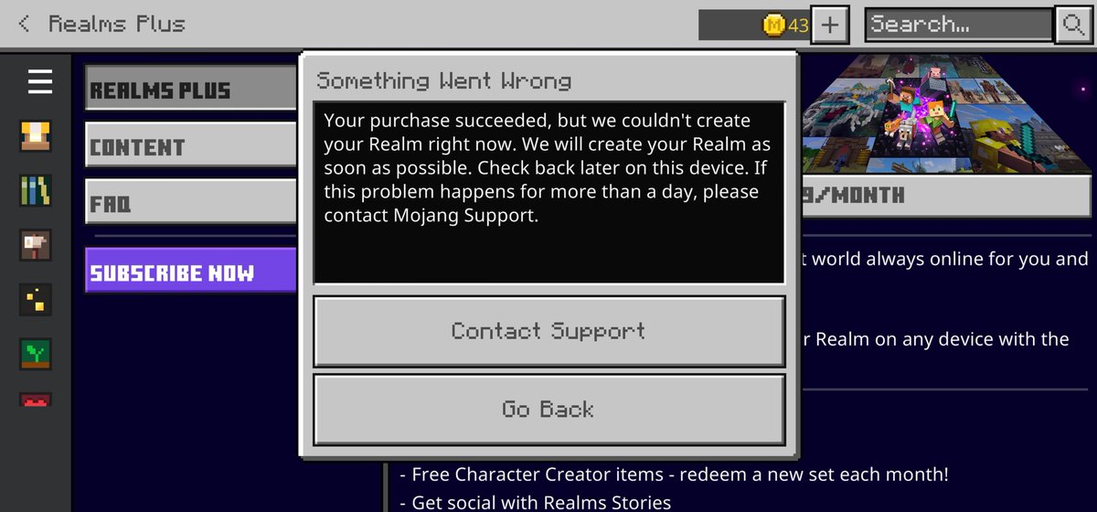 Mysticales's tweet photo. @MojangStatus Things are happening. Signs of possible life again. Just got confirmation that my 3 months sub got attached. (Google play pass is giving it away this month as it's perk reward) https://t.co/V9W0KvHi6P
