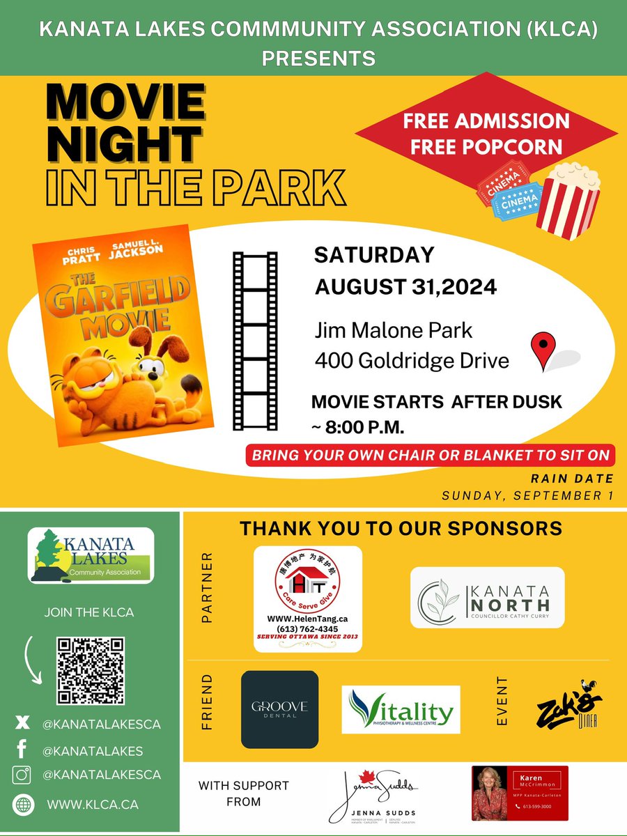 📣 Movie Night In The Park! 🎥🍿

🗓️ SATURDAY, AUGUST 31, 2024
🕗 Movie to start at dusk (~8pm)

📍 Jim Malone Park, 400 Goldridge Dr #KanataLakes

🎥 The Garfield Movie 

This event is only possible thanks to our sponsors 🙌

Join the KLCA: eepurl.com/dp11yz

#KanataNorth