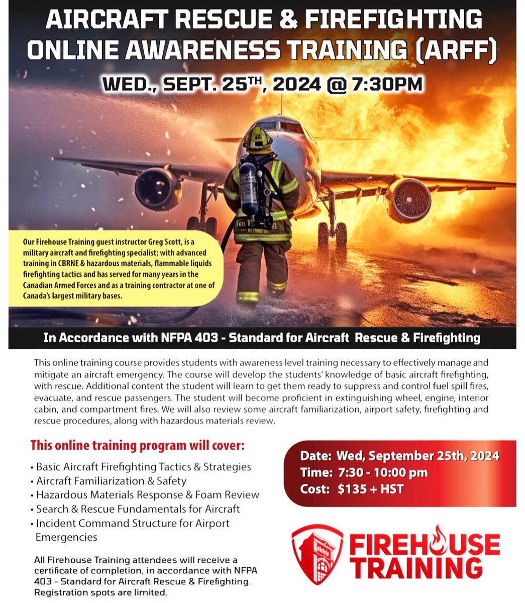 FirehouseTrain1's tweet photo. 🚨Breaking News: Brand New Virtual Aircraft Rescue and Firefighting ARFF Training Course!🚨We’re thrilled to launch our NEW course crafted specifically for firefighters eager to master the NFPA 403 standard for airport emergencies. Link in Bio for details!✈️ #aircraftfire https://t.co/1NJLOW6I3R