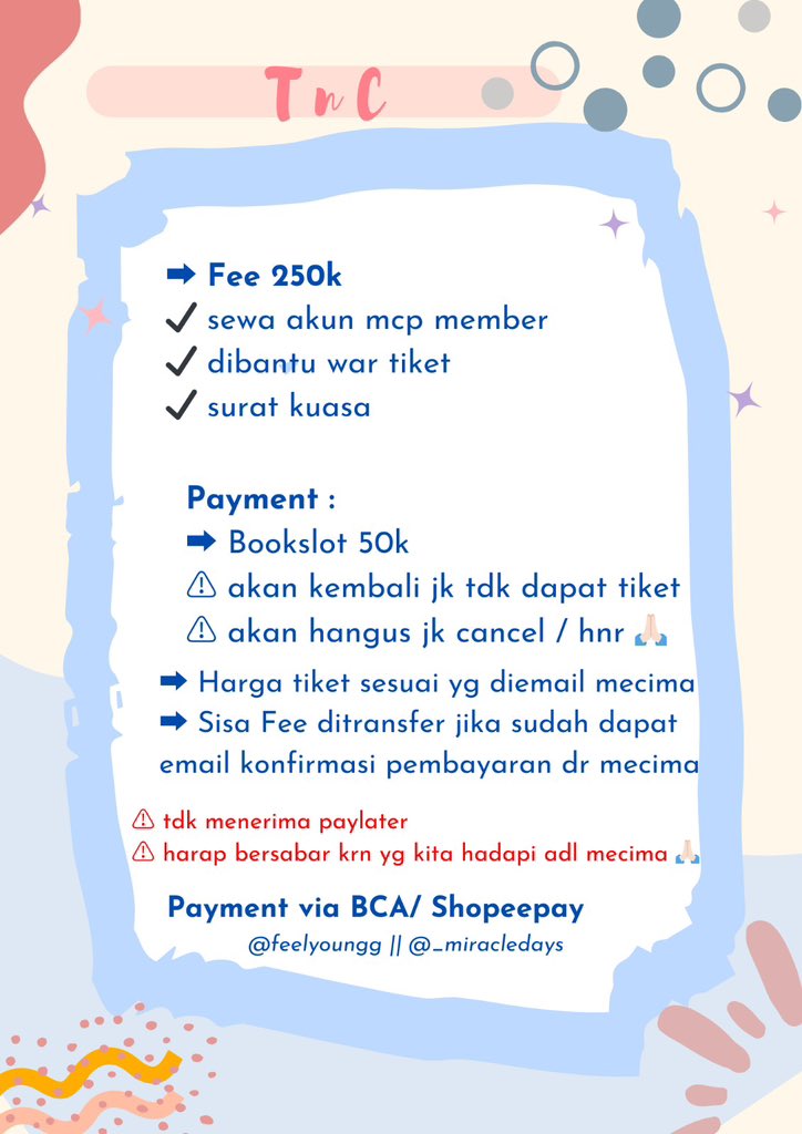 feelyoungg's tweet photo. Open rent sewa member mcp membership mecima
DAY6 3RD WORLD TOUR <FOREVER YOUNG>

📍 Bali 
💰 250k/tix
🎫 all cat exc package
❣️ benefit member qn/sn lbh kecil dr gensales

Dm me or @_miracledays for more detail✨

#DAY6 #DAY6_ForeverYoung_Indonesia #DAY6_ForeverYoung_Indonesia https://t.co/abTQKLWh5J