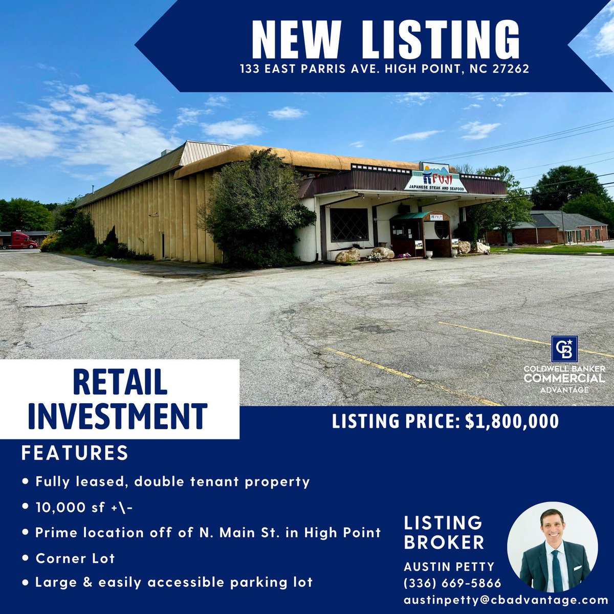 Exciting retail investment opportunity situated in a prime location off of N. Main Street in High Point.  The property features a double tenant floorplan and is fully leased.  This well known location and it’s long-term tenants provide landmark visibility.