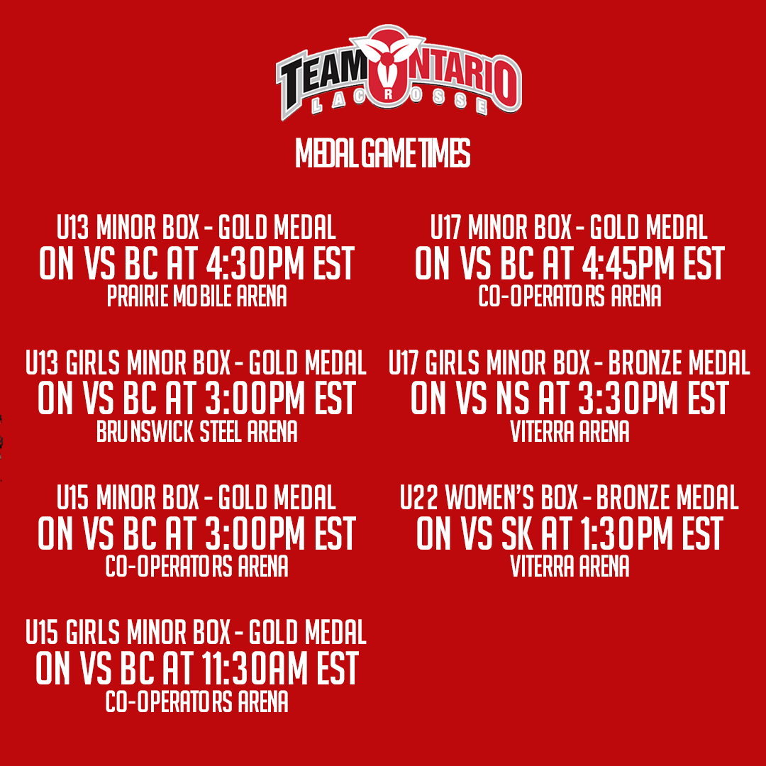 FINALS GAME DAY!!

Seven Ontario teams are competing for a medal today at the Box Lacrosse National Championships in Regina!

Games are streamed through LiveBarn, look up Regina and Cooperators Arena. 

#ontariolacrosse #boxlacrosse