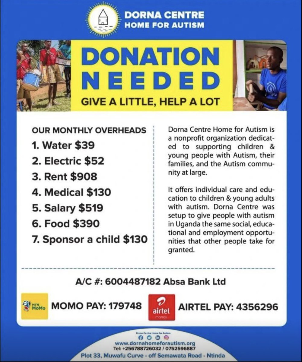 rawdneyk's tweet image. The Dorna Centre is currently running a fundraising drive and I wish to call all intrested parties to see how to support the work they do. You can reach out to Madam @nambidorothy The founder of the centre or Check out the poster below on how to support.
#ArtForAutism