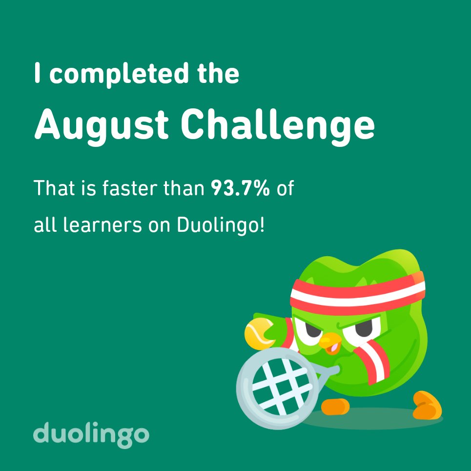 HiegelH's tweet photo. I completed the August challenge faster than 93.7% of all learners on Duolingo! https://t.co/RNG3kTmTEJ
