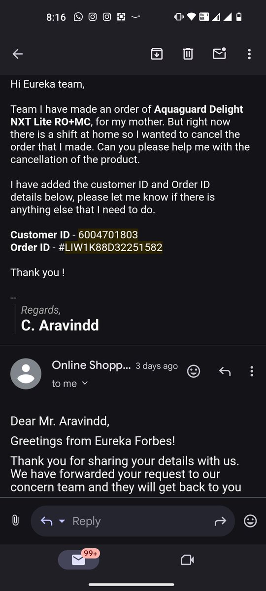AgentAravindd's tweet photo. @EurekaForbes Hi team, I ordered an item and because of an unexpected situation, I had to cancel the order. I emailed and got a reply that my issue will be addressed. I had a call on Wednesday from the support team and was told it will be cancelled. No response yet, need help. https://t.co/iBr4WJrpvS