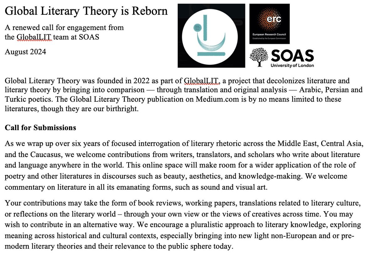 balaghas's tweet photo. Global Literary Theory is Reborn! A renewed call for engagement &amp; submissions (short form, long form, book reviews, reworkings of academic papers, essays on world literature, working papers &amp; more) from the GlobalLIT team at SOAS (also here: https://t.co/waJlO3IlHA) https://t.co/rCNkycQiv4