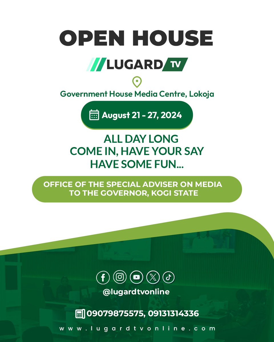 Mrclaxic's tweet photo. Join us for the Open House at Lugard TV!
📅 Date: August 21st - 27th, 2024
📍 Location: Government House Media Centre, Lokoja, Kogi State
Sponsored by the Office of the SA Media to the Governor, this event offers a behind-the-scenes look at our operations. #Adekunle #Iran #TheGre https://t.co/5bkdBuq6mY