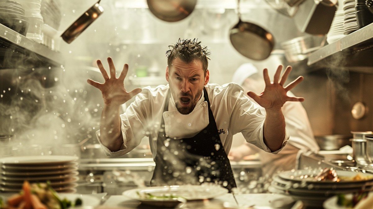 stockcake_com's tweet image. Chef in Action: A dynamic #culinaryartist stands startled amidst the bustling #kitchenlife, hands in the air, surrounded by #steamclouds. #culinaryskills #foodcreation #kitchenvibes #cheflife #kitchenadventures ⬇️ Download and 📝 Prompt 👉 stockcake.com/i/chef-in-acti…