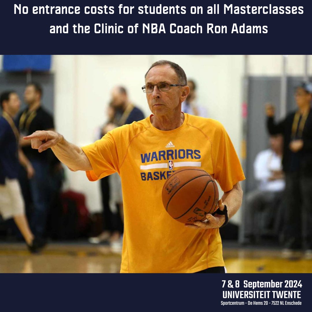 Free entrance for students on all masterclasses and the clinic of NBA Coach and teacher Ron Adams. Send you name and name of your school/ university to student@twente-basketball.com and bring your student pass