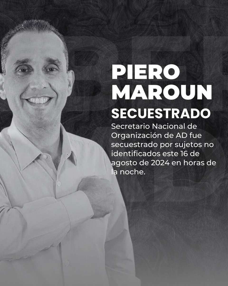 ad_cembrion's tweet photo. #17Agosto

Libertad para nuestro compañero, @PieroMaroun, Secretario de @ADOrganizacion_, quién fuera secuestrado anoche, el #16Agosto por desconocidos.

@ADemocratica @ADMirandaCES
@ADMirandaAD @admirandaorg https://t.co/fzZpAFbWEp
