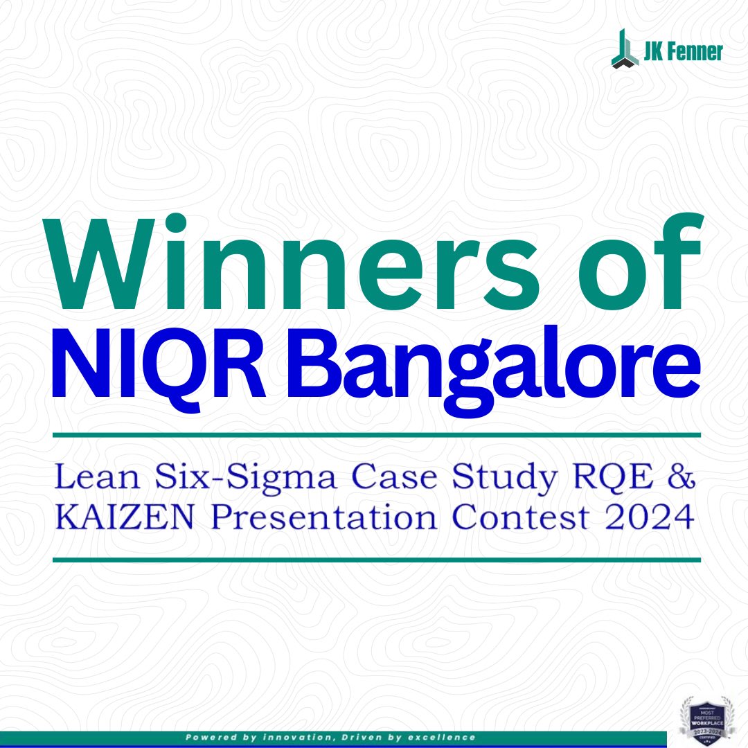 jkfenner's tweet photo. ๐We are proud to announce that our dedicated teams have achieved outstanding results at the NIQR Bangalore Lean Six-Sigma Case Study RQE & KAIZEN Presentation Contest 2024!๐
#JKFenner #JKEvolve #ContinuousImprovement #Kaizen #Teamwork #Innovation #Excellence #NIQRAwards2024 https://t.co/aGKcJn77Z7