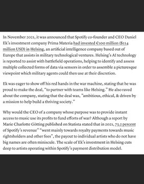 wherepond's tweet image. According to Zionists in Music @zionistsinmusic the  CEO of Spotify Daniel Ek  (@eldsjal) invests in military AI technology &amp;amp; supports Israel.
So I cancelled my Spotify subscription &amp;amp; used the FreeMyMusic app to transfer my playlists to SoundCloud 
#boycottSpotify
#freePalestine